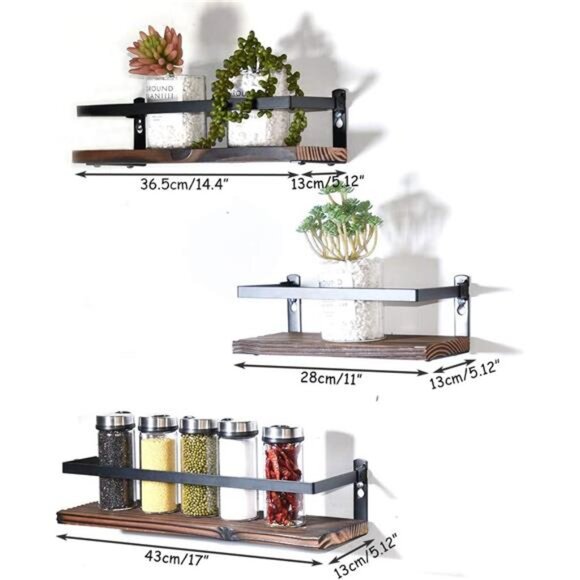 Floating Shelves Rustic Wood Wall Mounted Shelf Practical Metal Fence Design - Picture 3 of 7